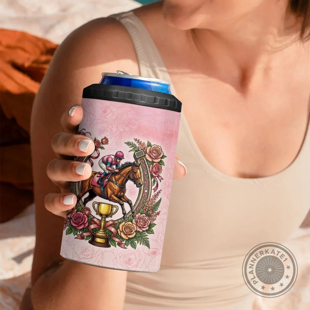 Melbourne Horse Race Jockey and Floral Horseshoe Pink Rose Can Cooler Tumbler 11 Melbourne Horse Race Jockey and Floral Horseshoe Pink Rose Can Cooler Tumbler
