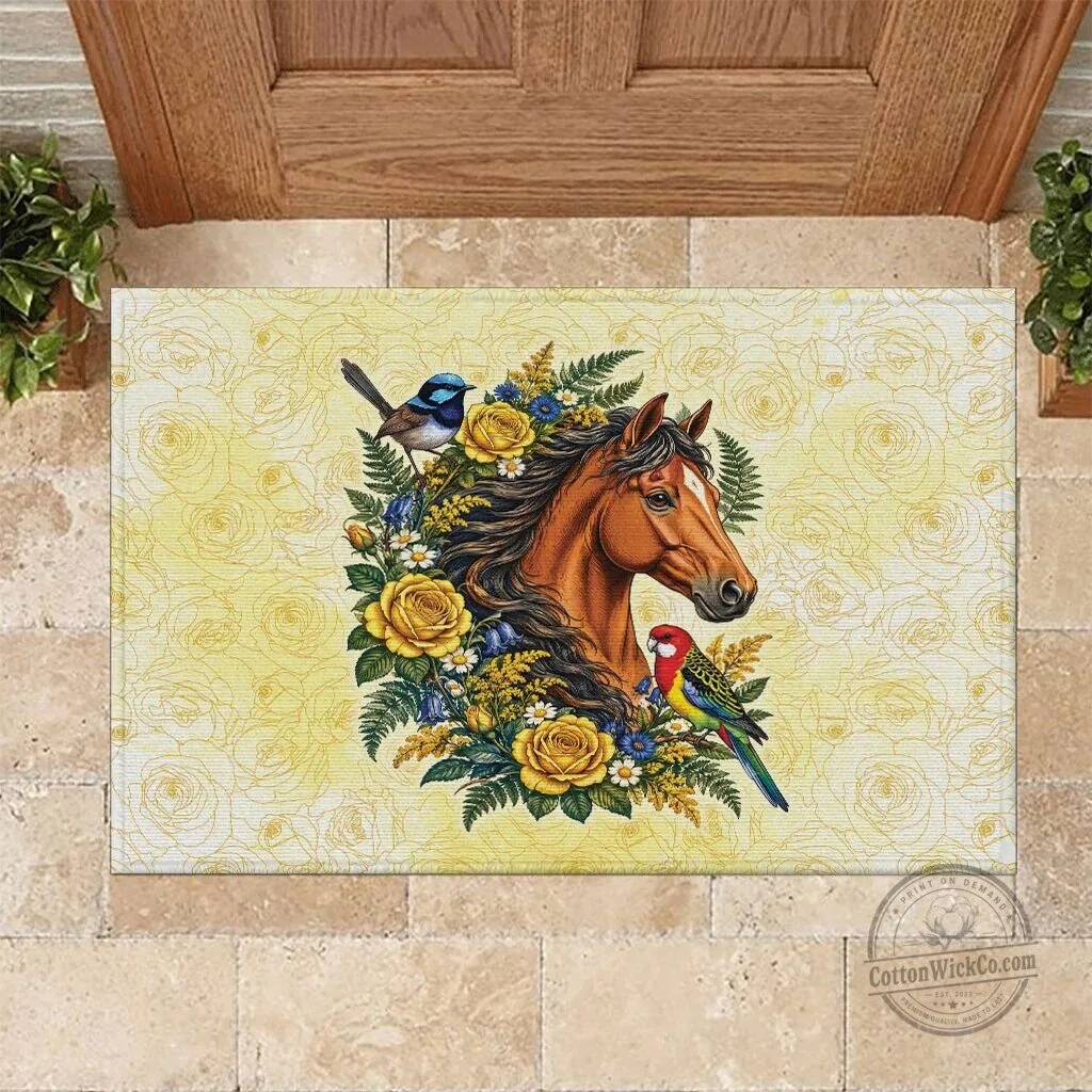 Melbourne Horse Yellow Rose Wreath Rubber Doormat with Aussie Blue Wren and Rosella Parrot 80 Melbourne Horse Yellow Rose Wreath Rubber Doormat with Aussie Blue Wren and Rosella Parrot