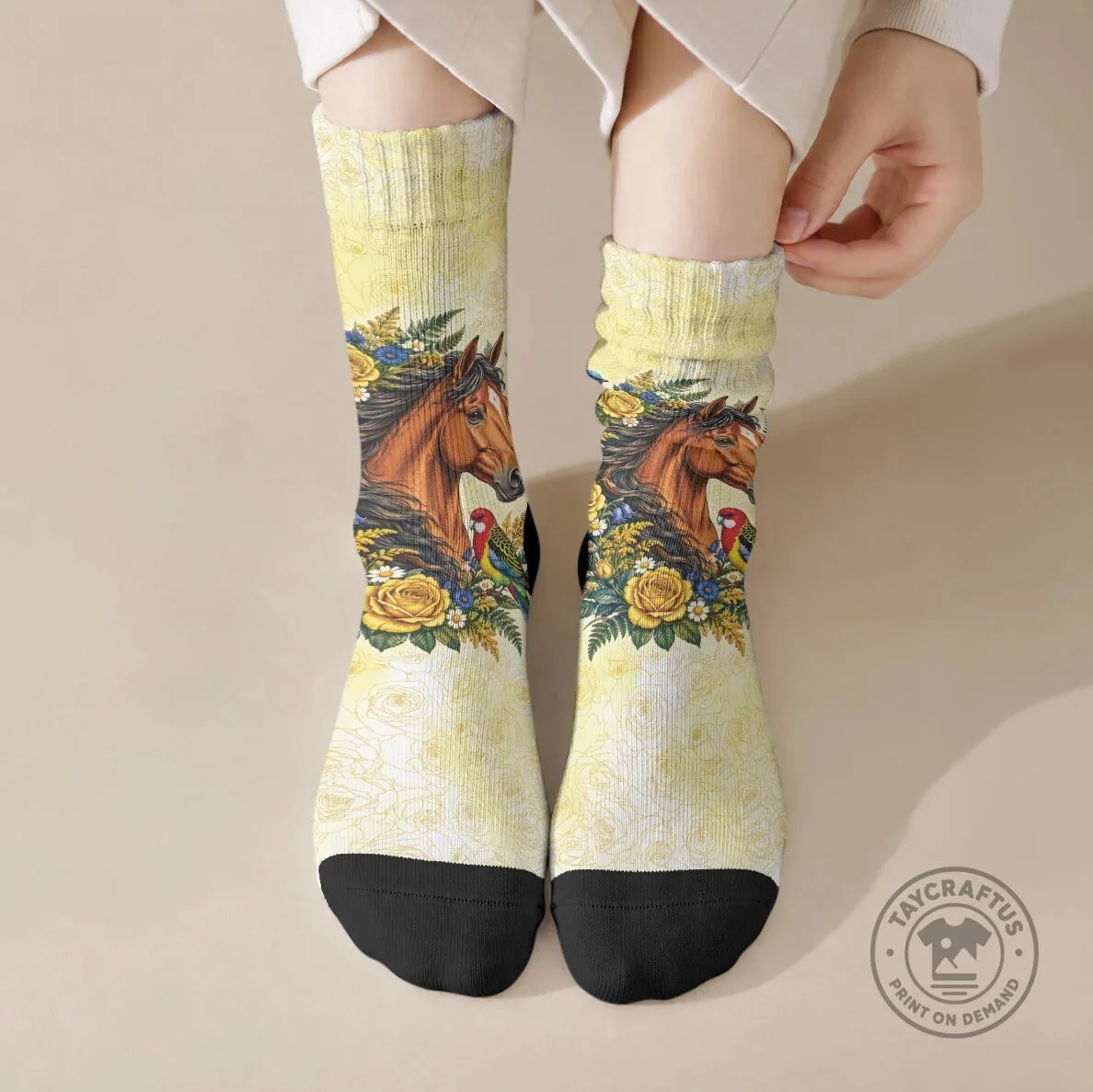 Horse and Yellow Rose Wreath Crew Socks with Blue Wren and Rosella Parrot