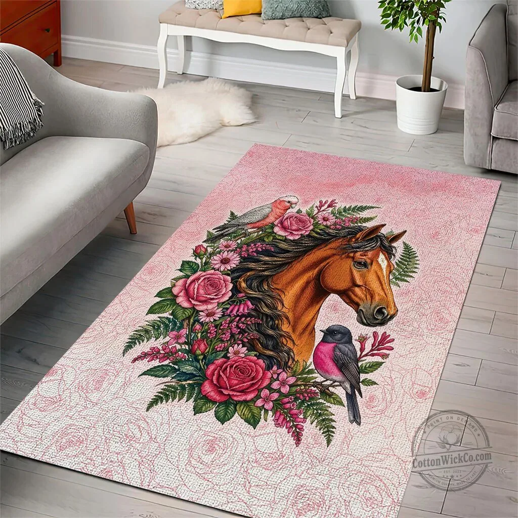 Beautiful Horse and Birds Pink Rose Wreath Floral Area Rug 6 Beautiful Horse and Birds Pink Rose Wreath Floral Area Rug
