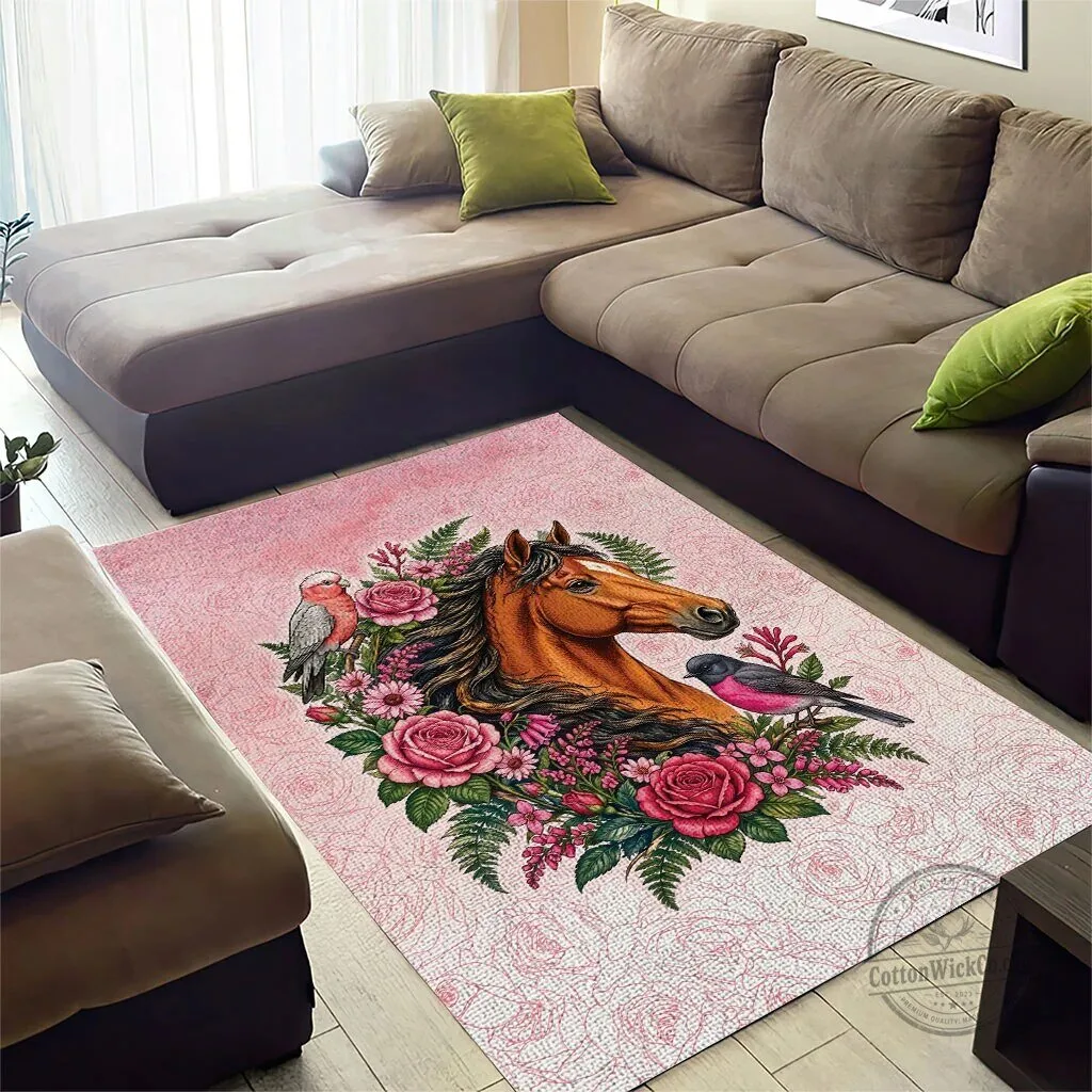 Beautiful Horse and Birds Pink Rose Wreath Floral Area Rug 7 Beautiful Horse and Birds Pink Rose Wreath Floral Area Rug