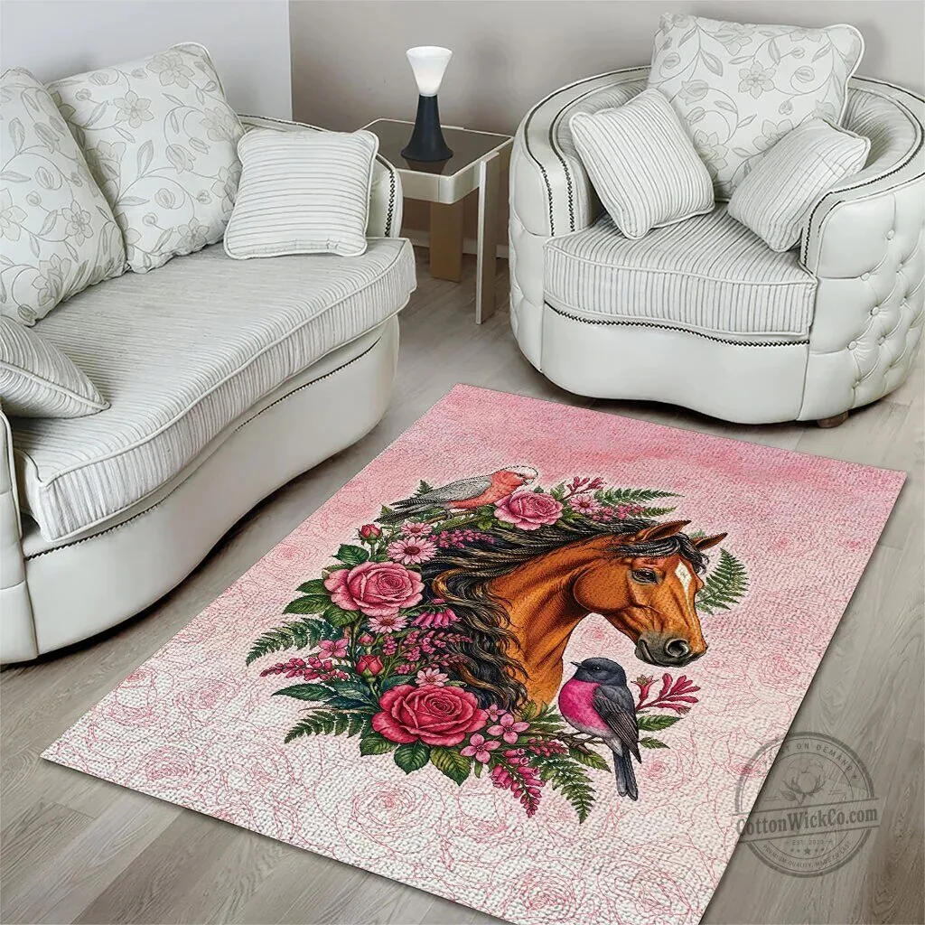 Beautiful Horse and Birds Pink Rose Wreath Floral Area Rug 8 Beautiful Horse and Birds Pink Rose Wreath Floral Area Rug