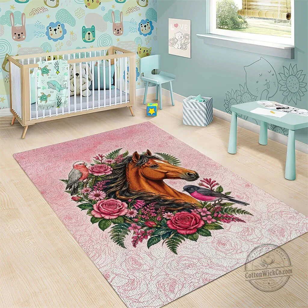 Beautiful Horse and Birds Pink Rose Wreath Floral Area Rug 9 Beautiful Horse and Birds Pink Rose Wreath Floral Area Rug