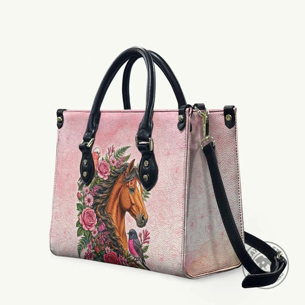 Pink Horse Floral Wreath Leather Handbag with Galah Cockatoo and Pink Robin