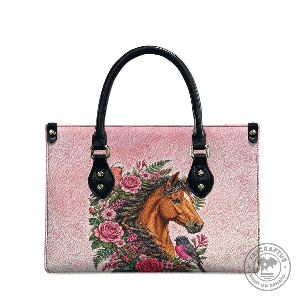 Pink Horse Floral Wreath Leather Handbag with Galah Cockatoo and Pink Robin 7 Pink Horse Floral Wreath Leather Handbag with Galah Cockatoo and Pink Robin