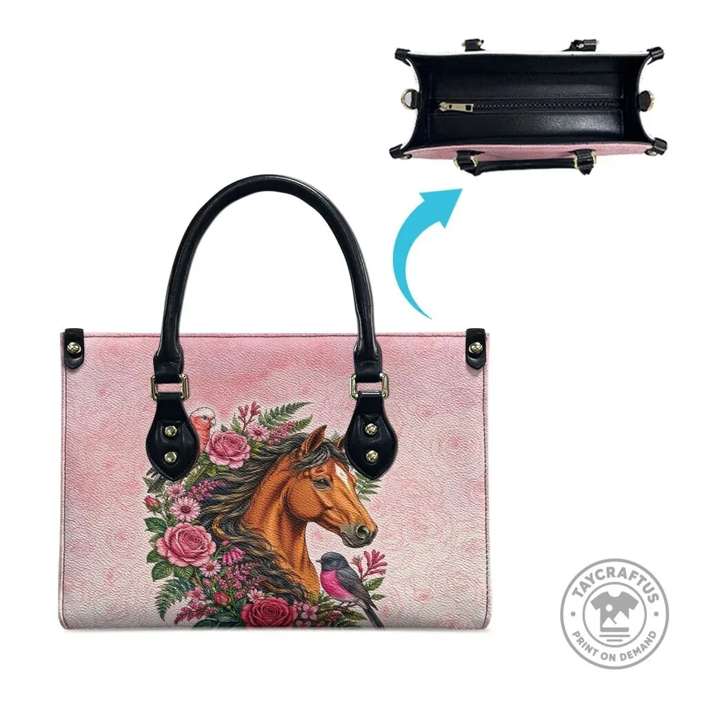 Pink Horse Floral Wreath Leather Handbag with Galah Cockatoo and Pink Robin 8 Pink Horse Floral Wreath Leather Handbag with Galah Cockatoo and Pink Robin