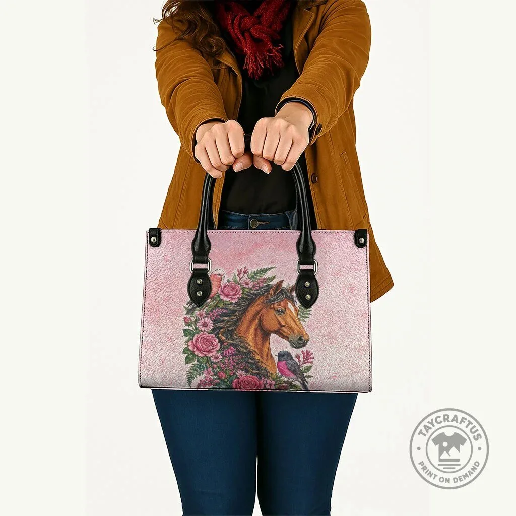 Pink Horse Floral Wreath Leather Handbag with Galah Cockatoo and Pink Robin 9 Pink Horse Floral Wreath Leather Handbag with Galah Cockatoo and Pink Robin