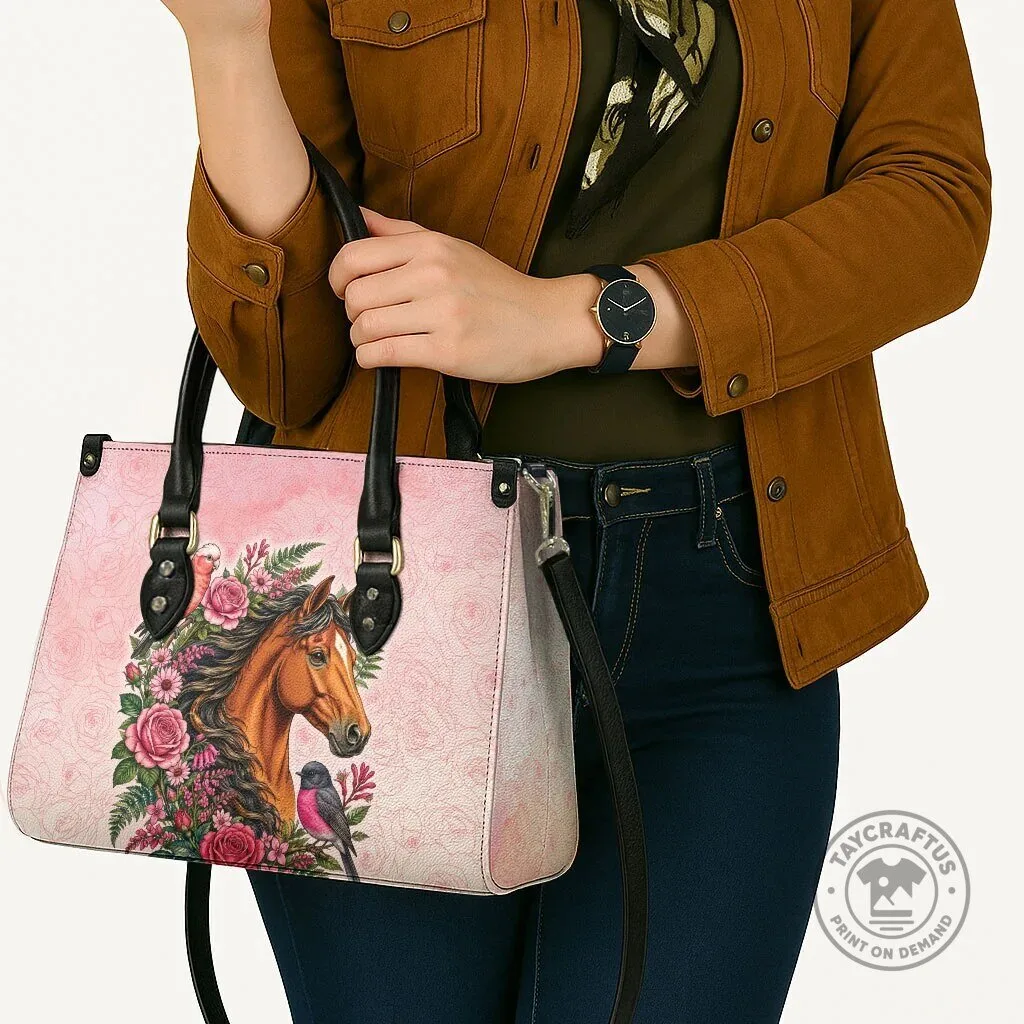 Pink Horse Floral Wreath Leather Handbag with Galah Cockatoo and Pink Robin 10 Pink Horse Floral Wreath Leather Handbag with Galah Cockatoo and Pink Robin