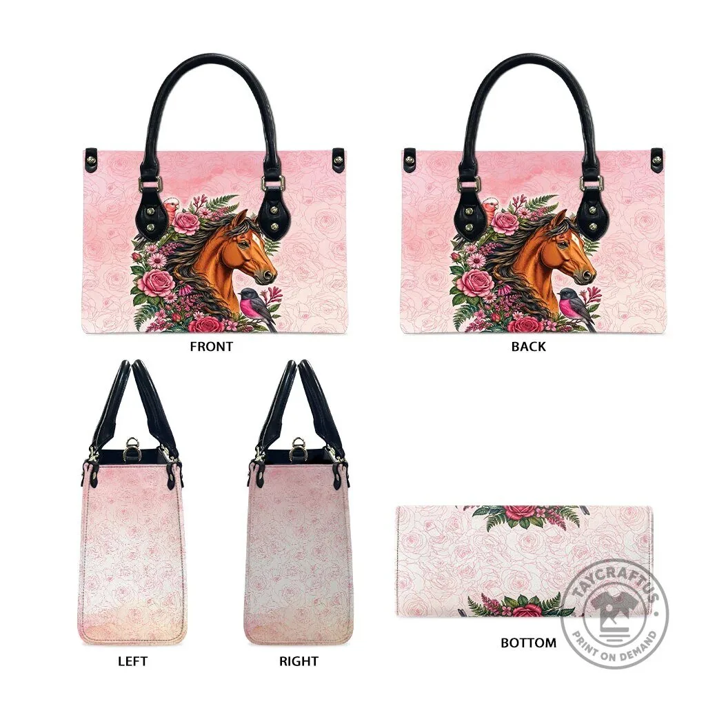 Pink Horse Floral Wreath Leather Handbag with Galah Cockatoo and Pink Robin 11 Pink Horse Floral Wreath Leather Handbag with Galah Cockatoo and Pink Robin