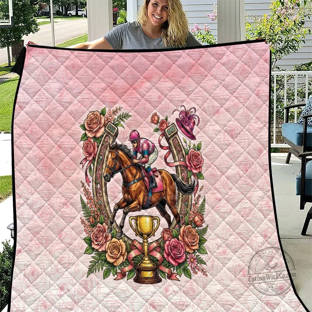 Melbourne Horse Racing Pink Rose Floral Horseshoe Quilted Blanket