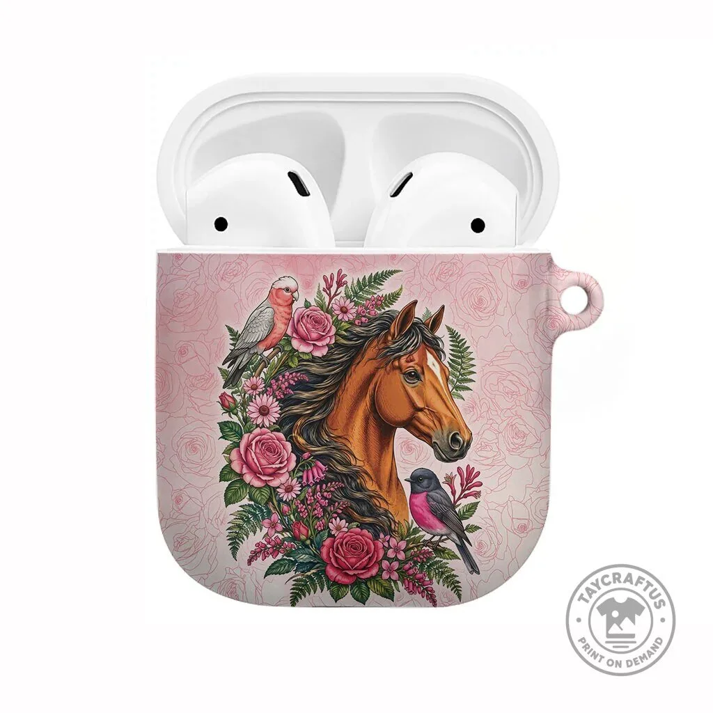 Elegant Horse and Pink Rose Wreath AirPods Case with Galah Cockatoo and Robin