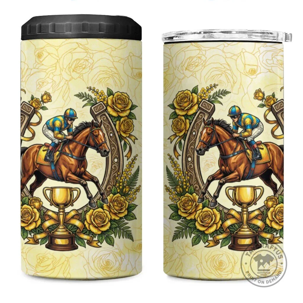 Melbourne Horse Race Yellow Rose Floral Horseshoe Can Cooler Tumbler