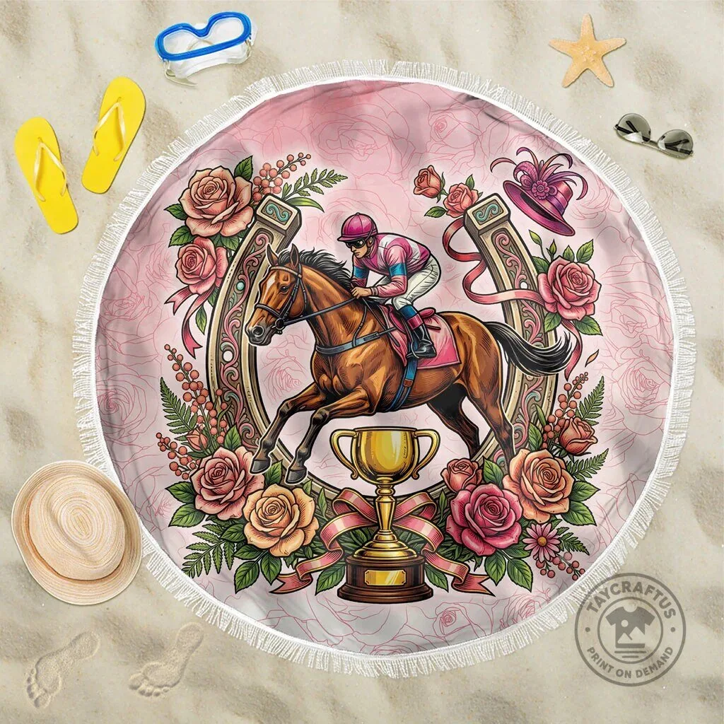 Melbourne Horse Race Beach Blanket with Pink Roses and Horseshoe Design