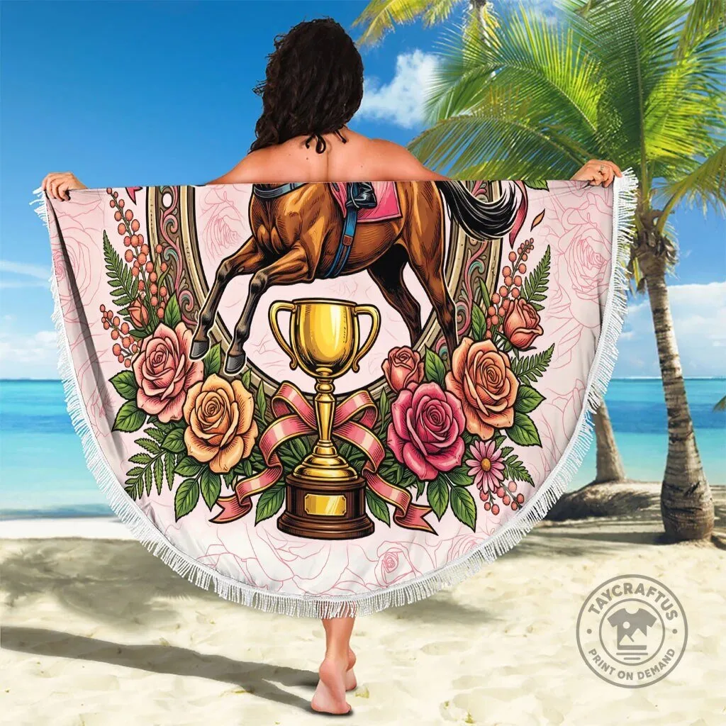 Melbourne Horse Race Beach Blanket with Pink Roses and Horseshoe Design 8 Melbourne Horse Race Beach Blanket with Pink Roses and Horseshoe Design