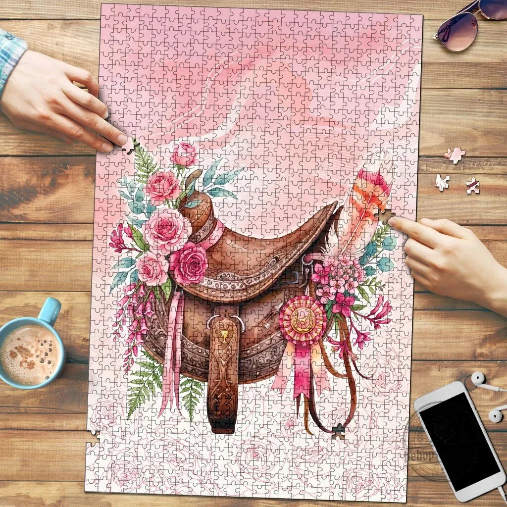 Pink Floral Horse Saddle Equestrian Design Jigsaw Puzzle