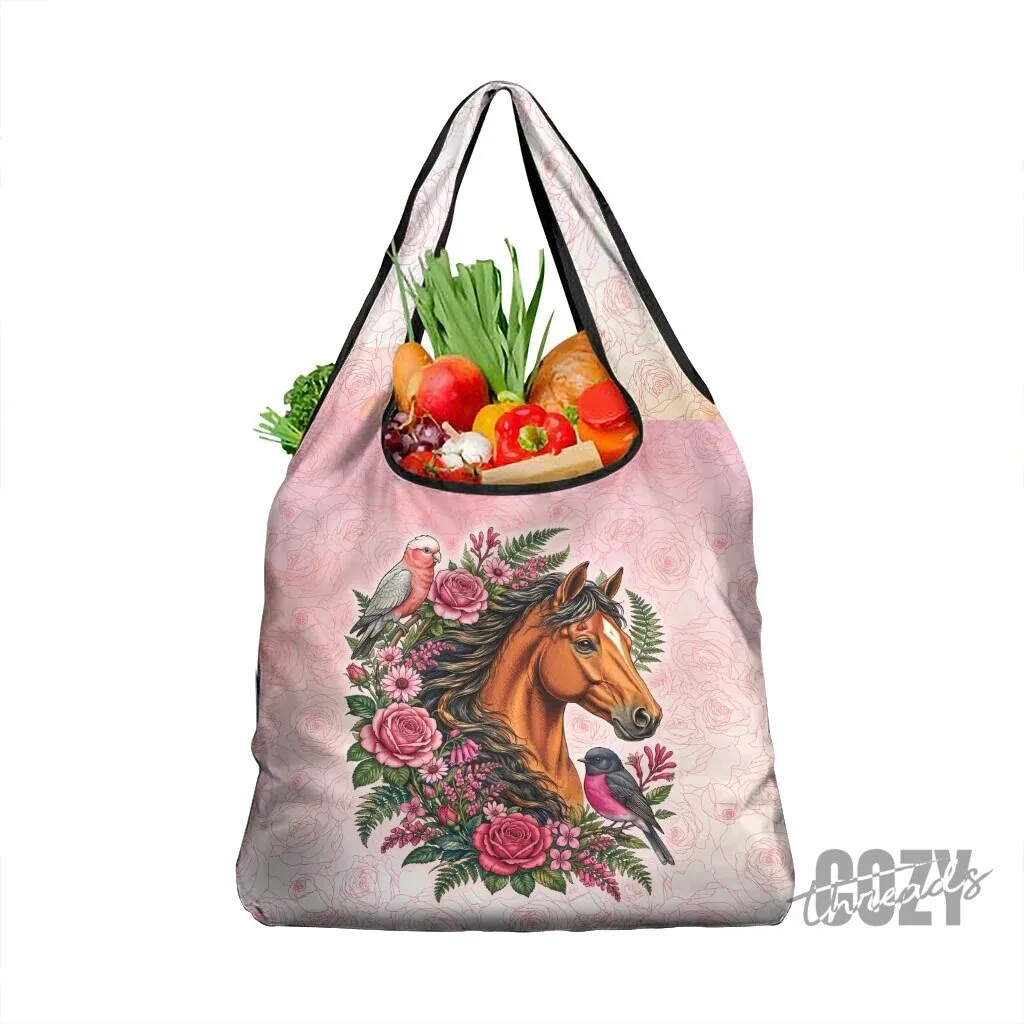 Melbourne Horse Pink Rose Wreath Galah Cockatoo Reusable Grocery Bag