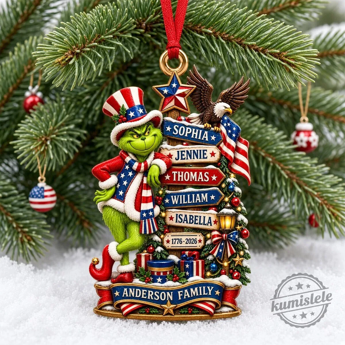 Grinch Patriotic Family Christmas Tree Ornament with Personalized Names