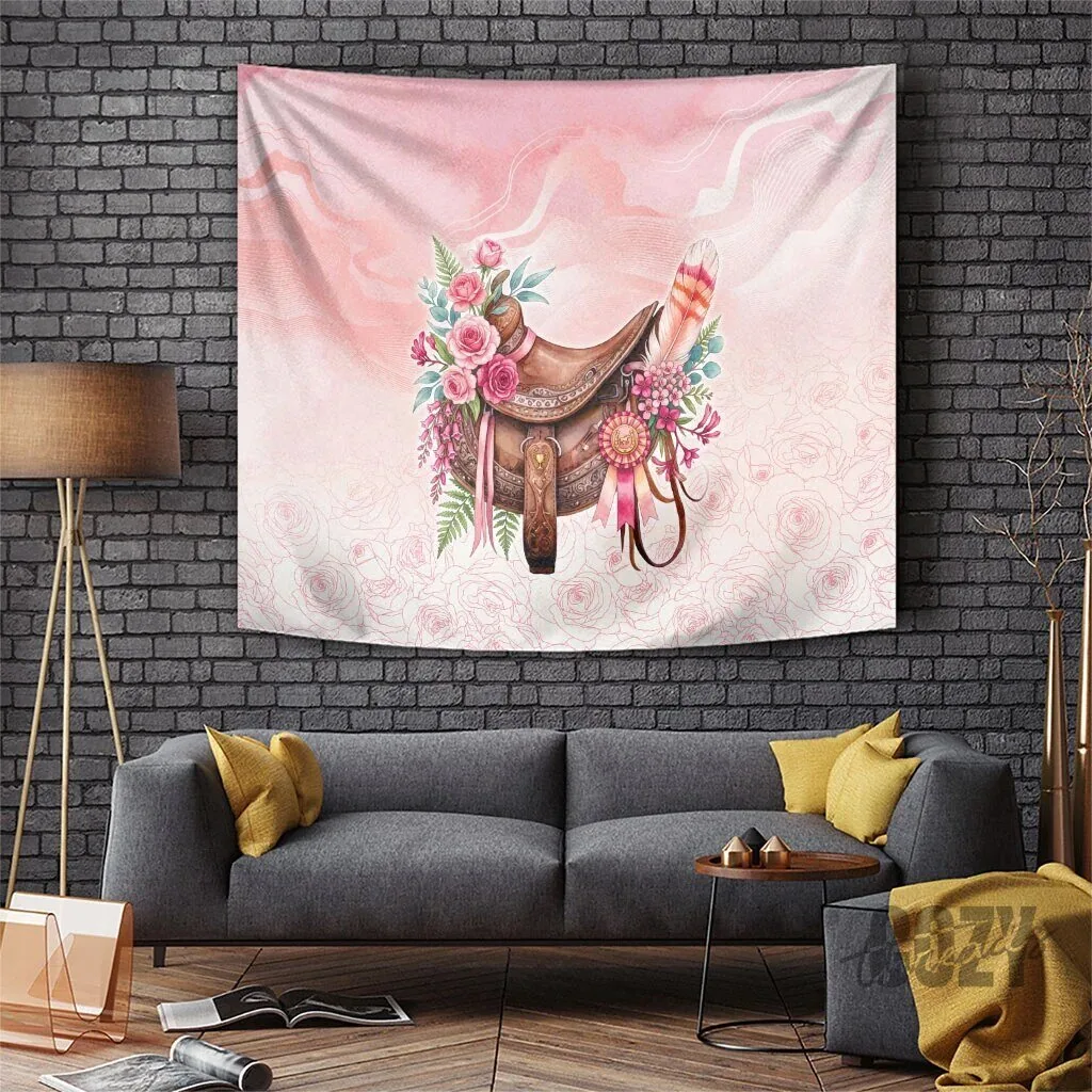 Pink Floral Horse Saddle Tapestry Wall Hanging with Roses and Feathers