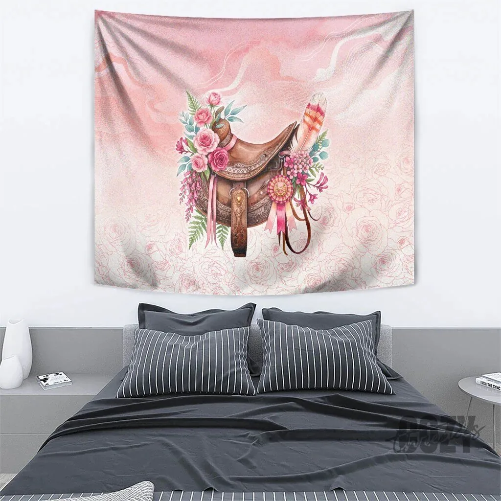 Pink Floral Horse Saddle Tapestry Wall Hanging with Roses and Feathers 7 Pink Floral Horse Saddle Tapestry Wall Hanging with Roses and Feathers