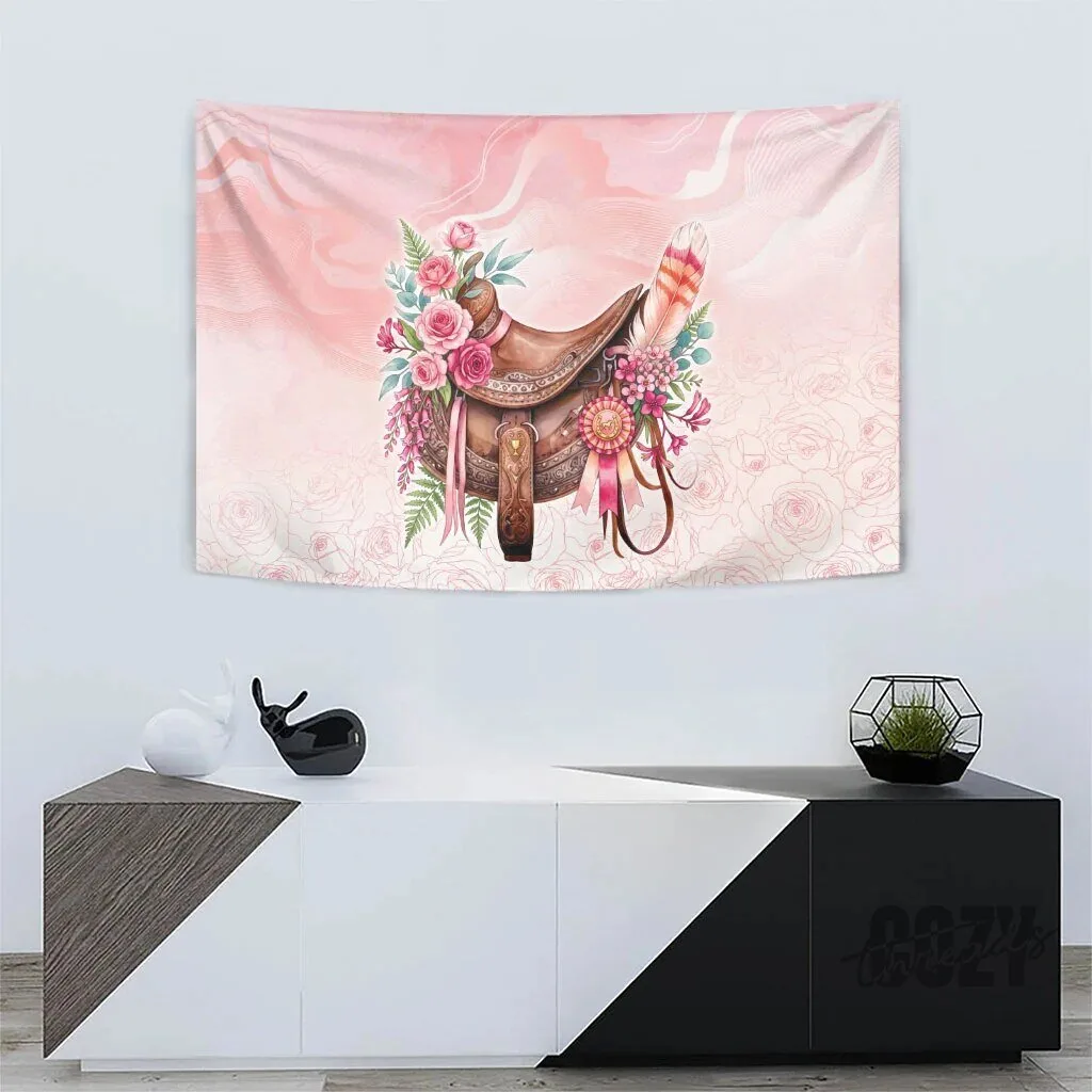 Pink Floral Horse Saddle Tapestry Wall Hanging with Roses and Feathers 8 Pink Floral Horse Saddle Tapestry Wall Hanging with Roses and Feathers
