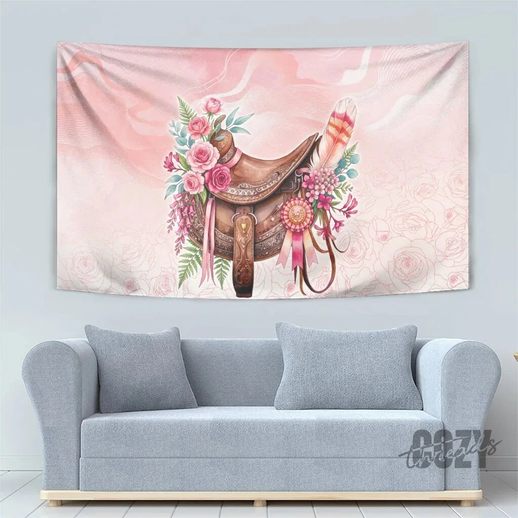 Pink Floral Horse Saddle Tapestry Wall Hanging with Roses and Feathers 9 Pink Floral Horse Saddle Tapestry Wall Hanging with Roses and Feathers