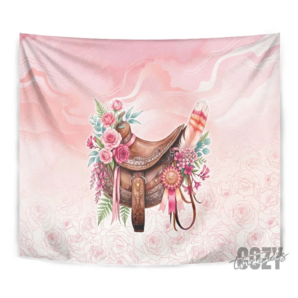 Pink Floral Horse Saddle Tapestry Wall Hanging with Roses and Feathers 11 Pink Floral Horse Saddle Tapestry Wall Hanging with Roses and Feathers