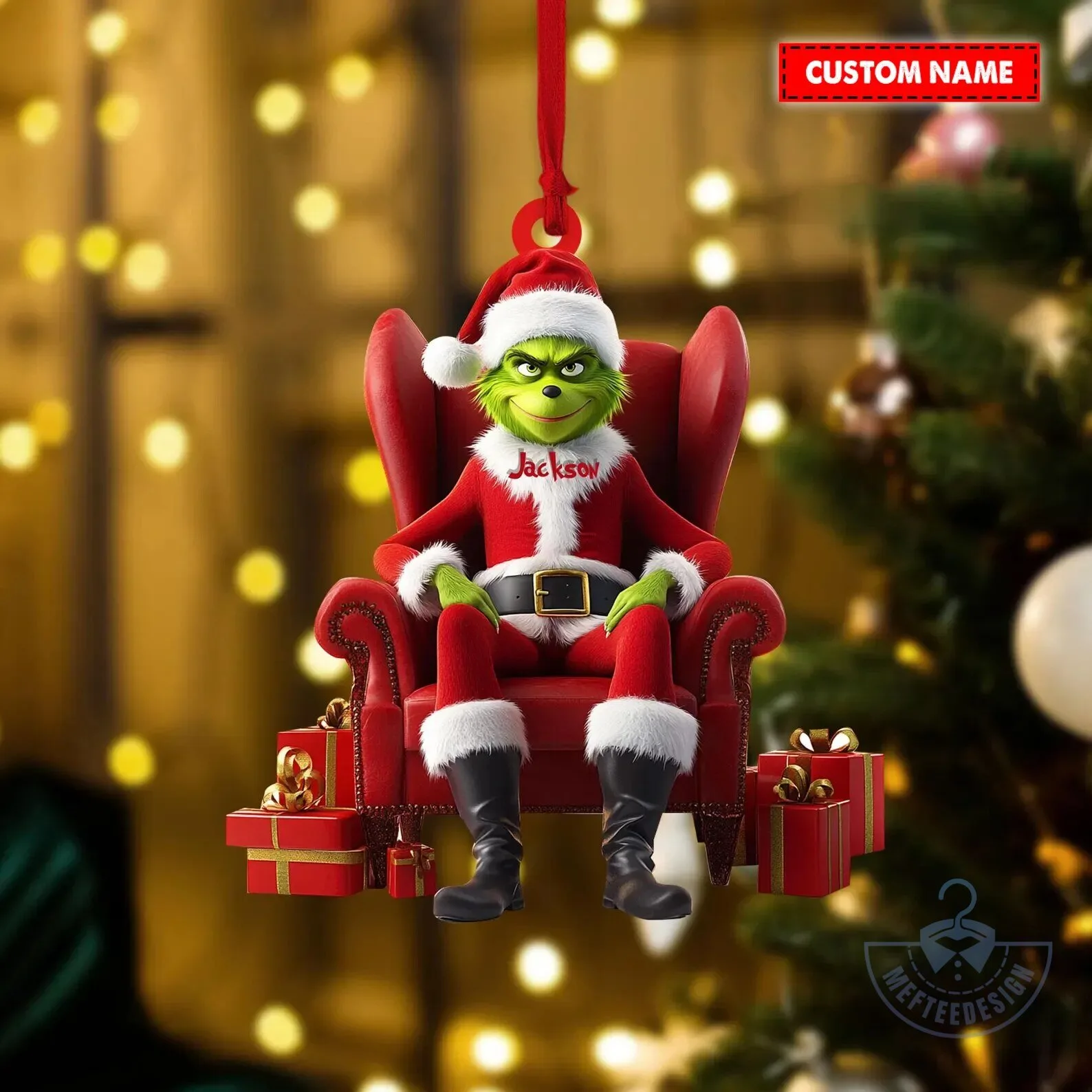 Personalized Grinch Sitting in Chair Christmas Tree Ornament