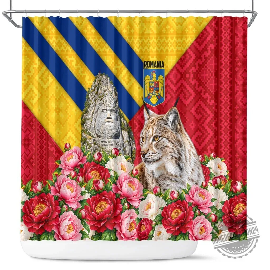 Romania Lynx and Decebalus Rex Shower Curtain with Traditional Folk Peony Floral Motifs