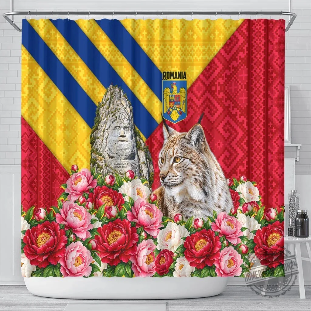 Romania Lynx and Decebalus Rex Shower Curtain with Traditional Folk Peony Floral Motifs 6 Romania Lynx and Decebalus Rex Shower Curtain with Traditional Folk Peony Floral Motifs
