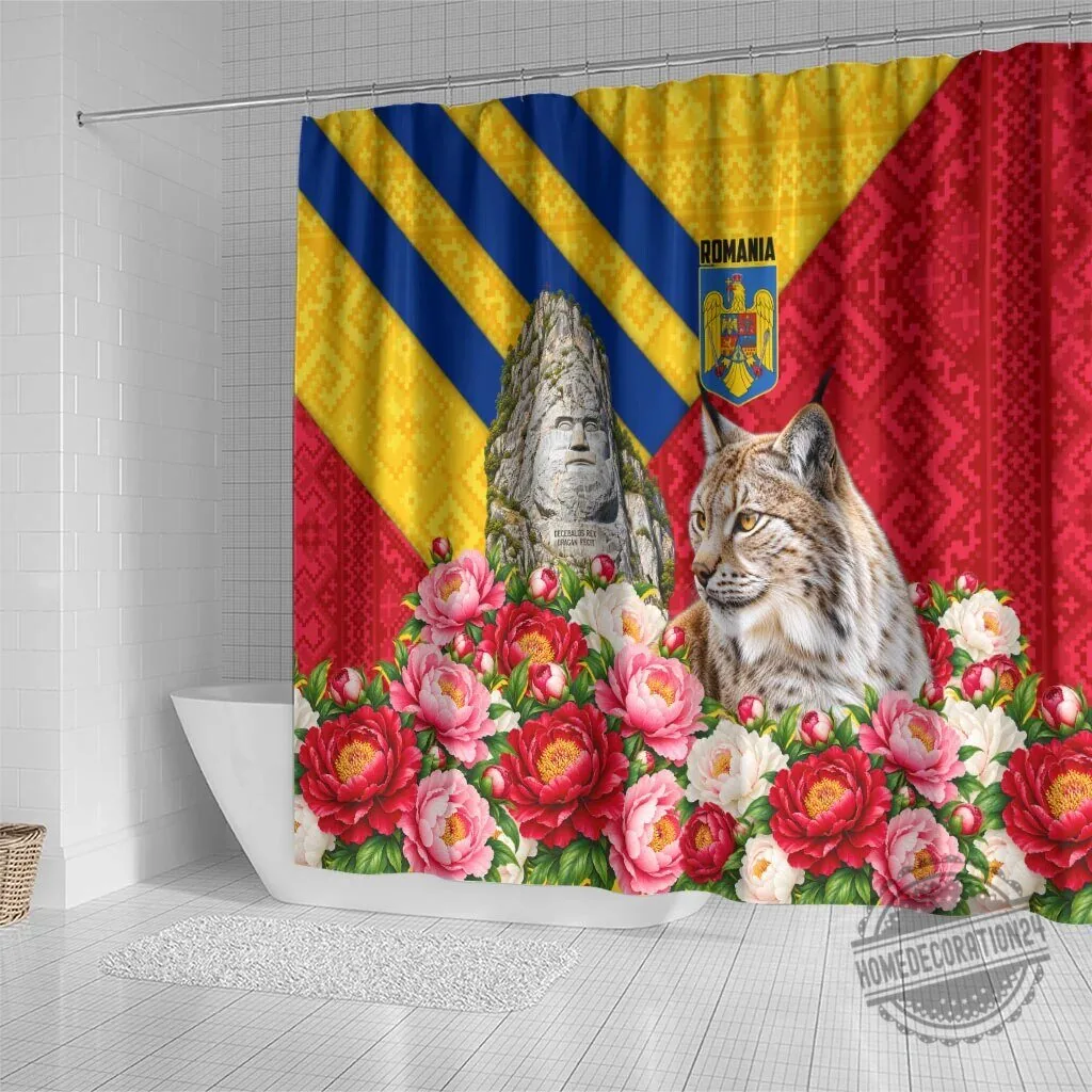 Romania Lynx and Decebalus Rex Shower Curtain with Traditional Folk Peony Floral Motifs 7 Romania Lynx and Decebalus Rex Shower Curtain with Traditional Folk Peony Floral Motifs