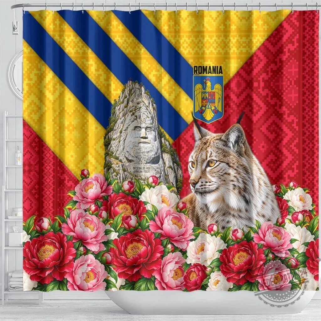 Romania Lynx and Decebalus Rex Shower Curtain with Traditional Folk Peony Floral Motifs 8 Romania Lynx and Decebalus Rex Shower Curtain with Traditional Folk Peony Floral Motifs