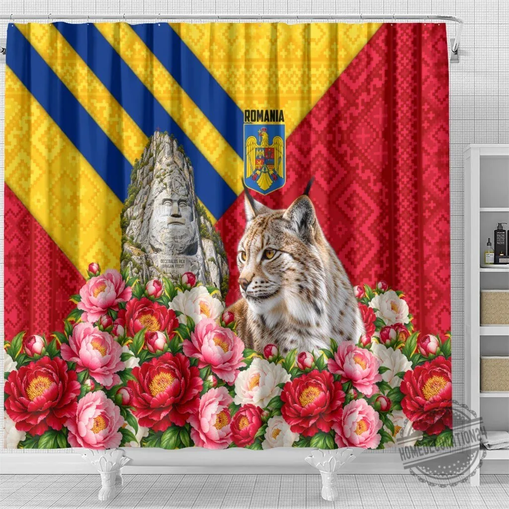Romania Lynx and Decebalus Rex Shower Curtain with Traditional Folk Peony Floral Motifs 9 Romania Lynx and Decebalus Rex Shower Curtain with Traditional Folk Peony Floral Motifs