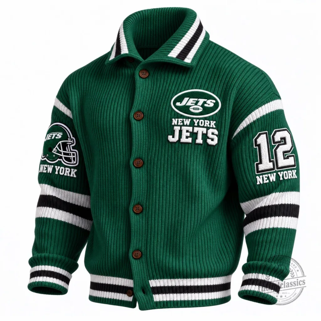 New York Jets Green Knit Button-Up Varsity Style Cardigan Jacket New York Jets Green Knit Button-Up Varsity Style Cardigan Jacket
