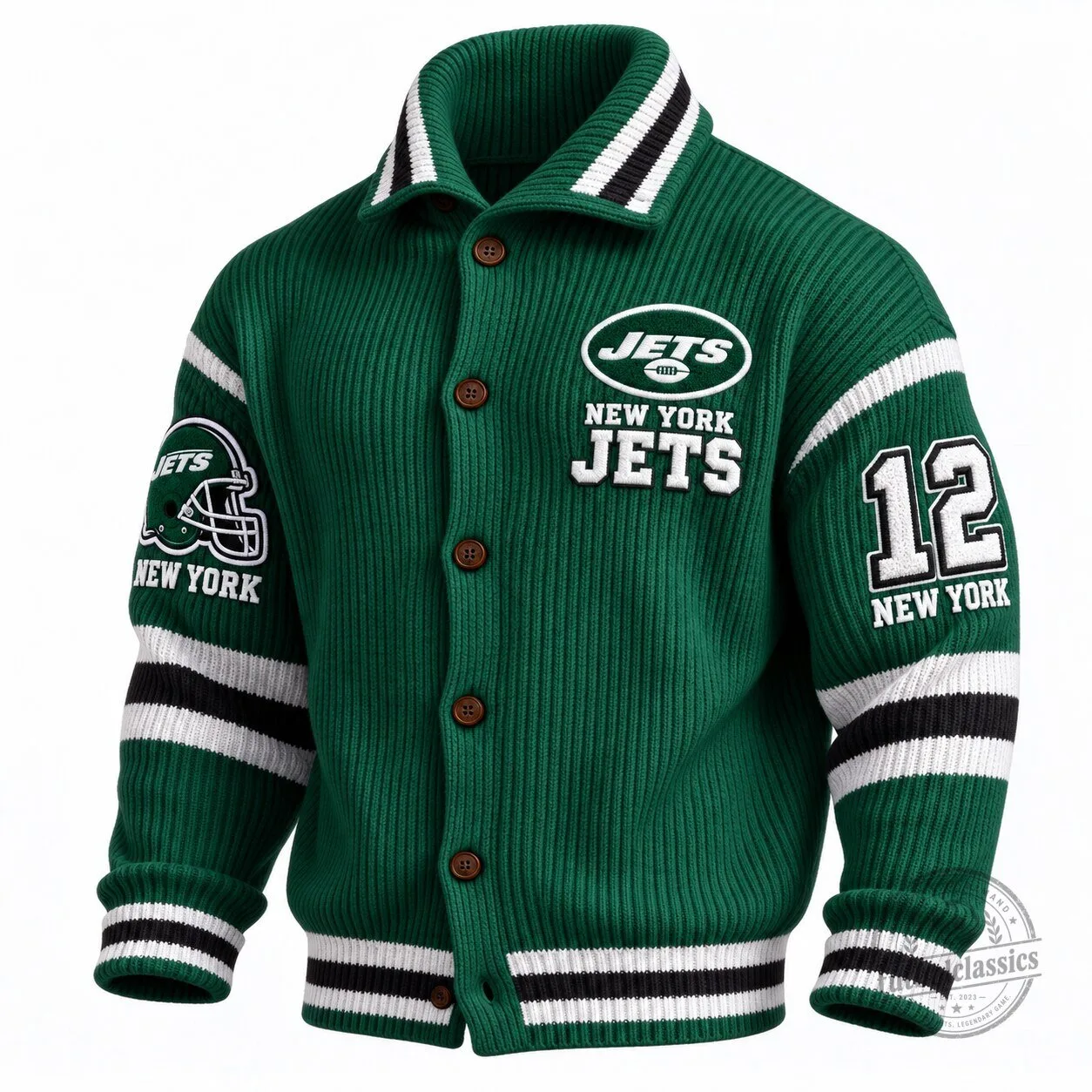 New York Jets Green Knit Button-Up Varsity Style Cardigan Jacket