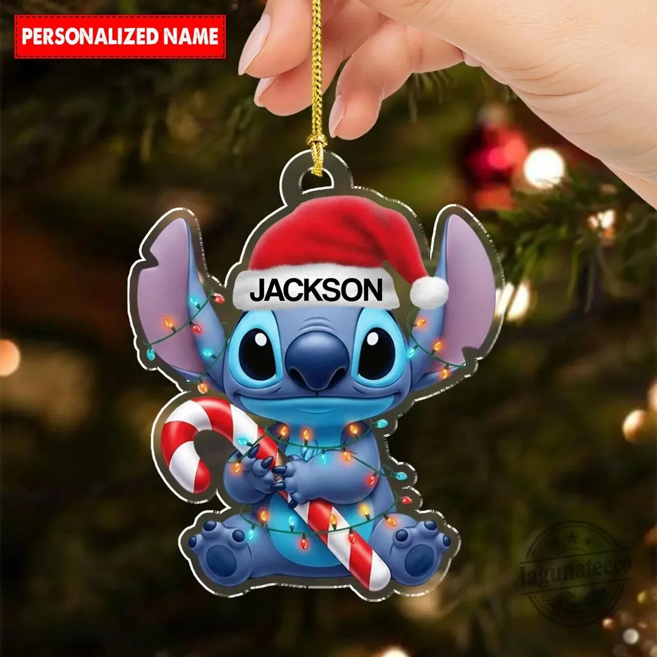 Personalized Disney Stitch Christmas Holiday Ornament with Santa Hat