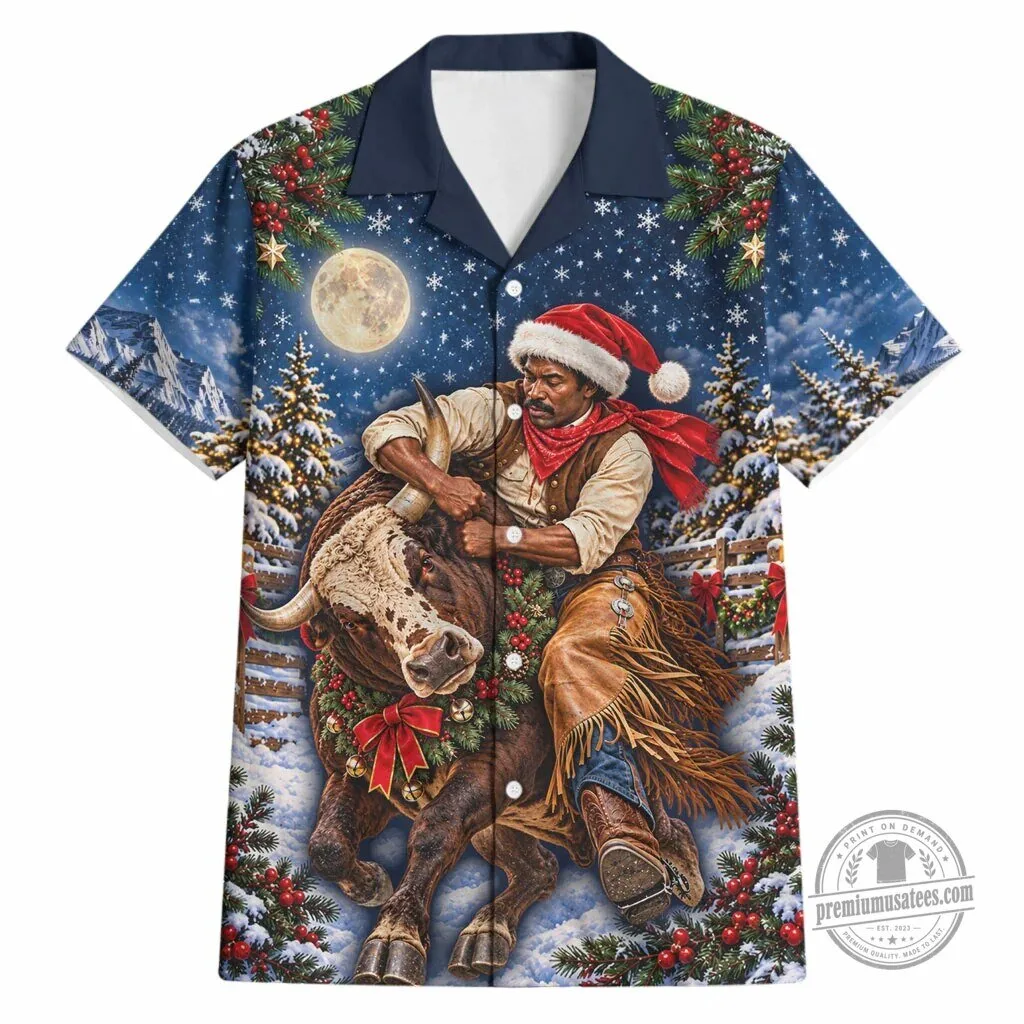 Bill Pickett Christmas Bull Rider Snowy Winter Western Rodeo Night Hawaiian Shirt