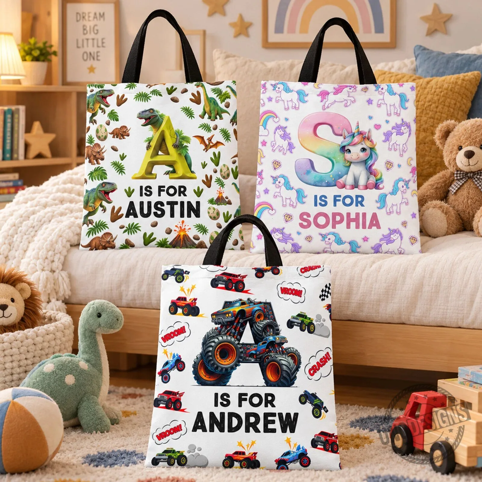Personalized Kids Initial Dinosaur Monster Truck Unicorn Custom Name Tote Bag