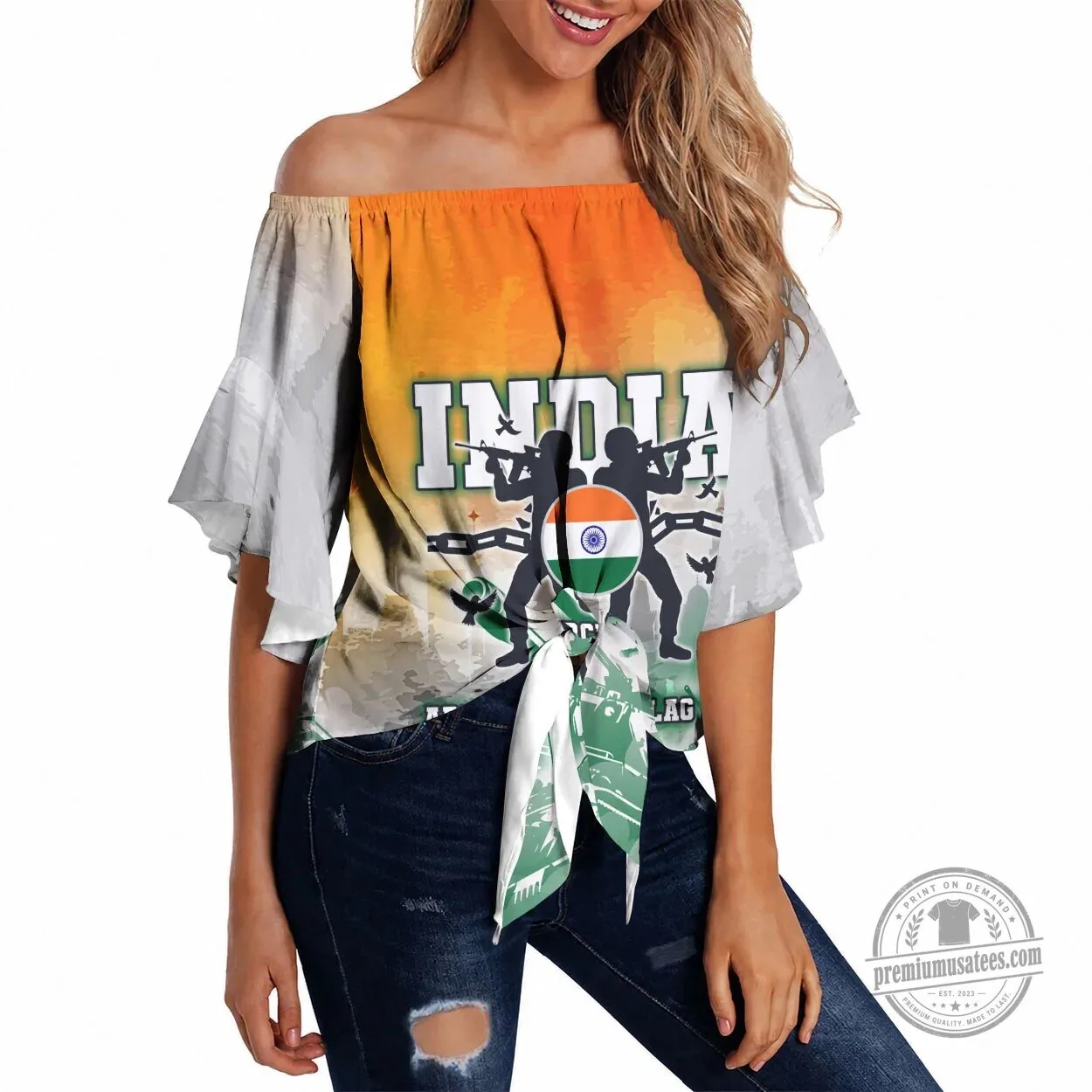 India Armed Forces Flag Day Off Shoulder Wrap Waist Top for Women