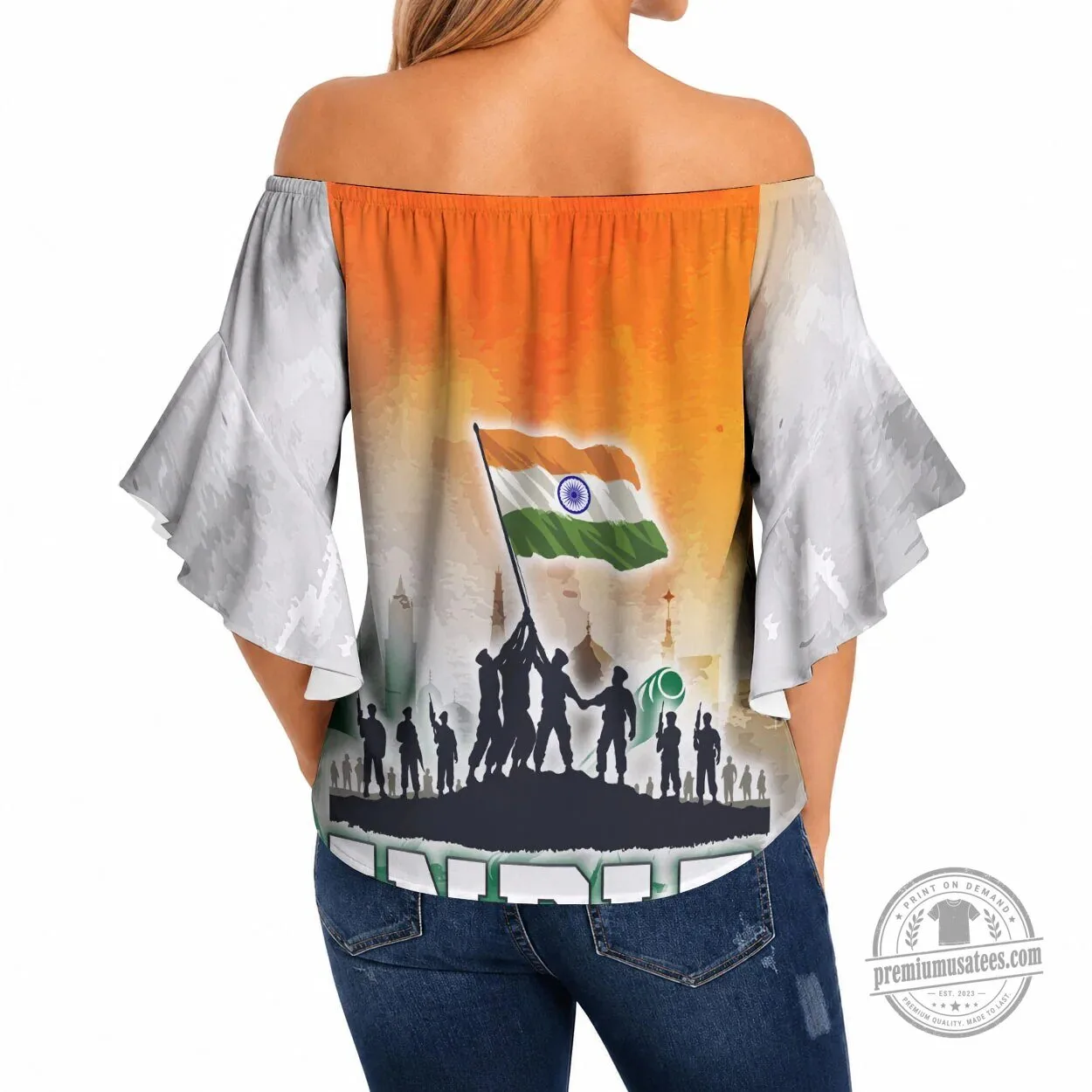 India Armed Forces Flag Day Off Shoulder Wrap Waist Top for Women 5 India Armed Forces Flag Day Off Shoulder Wrap Waist Top for Women