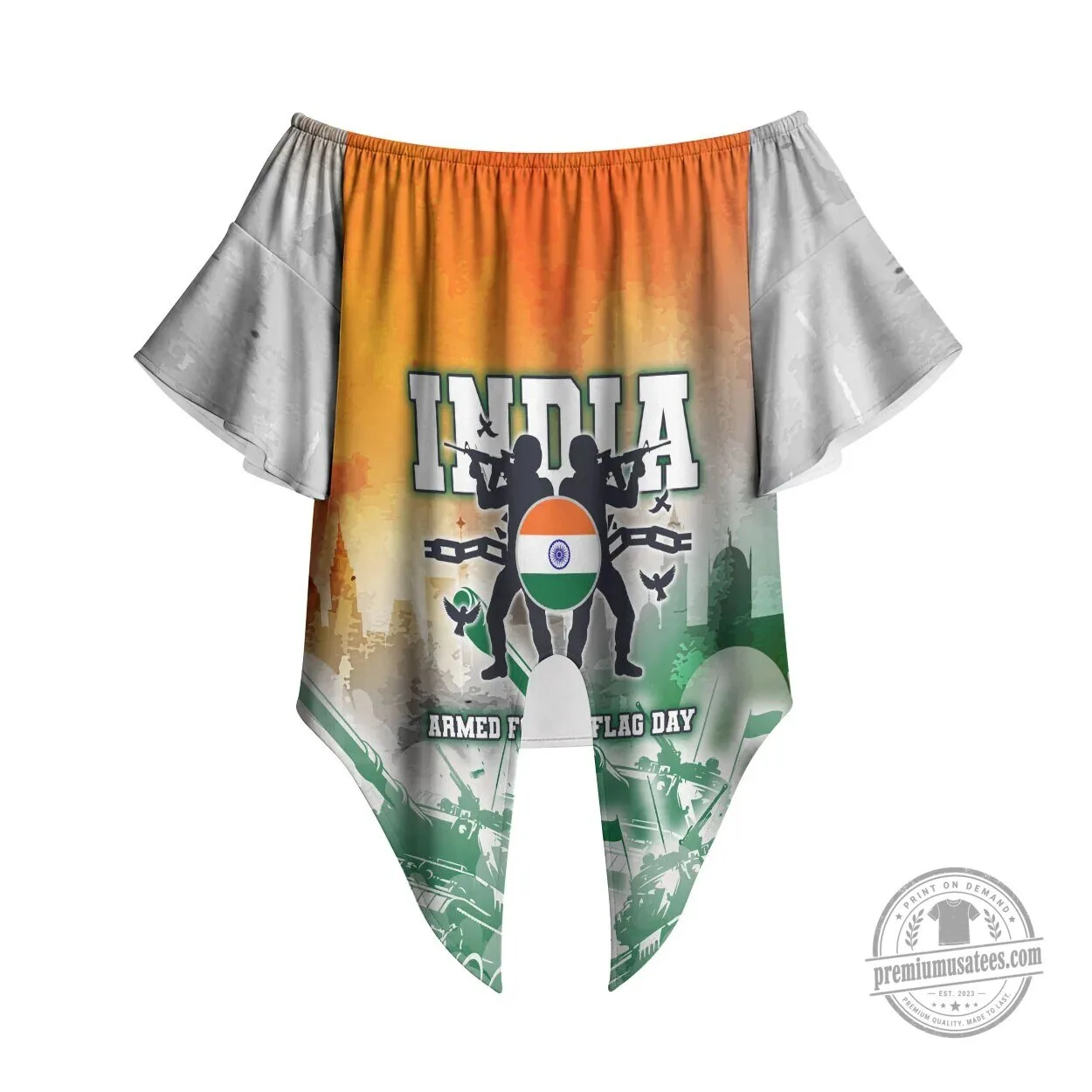 India Armed Forces Flag Day Off Shoulder Wrap Waist Top for Women 6 India Armed Forces Flag Day Off Shoulder Wrap Waist Top for Women