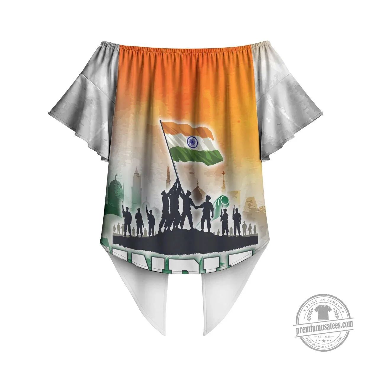 India Armed Forces Flag Day Off Shoulder Wrap Waist Top for Women 7 India Armed Forces Flag Day Off Shoulder Wrap Waist Top for Women