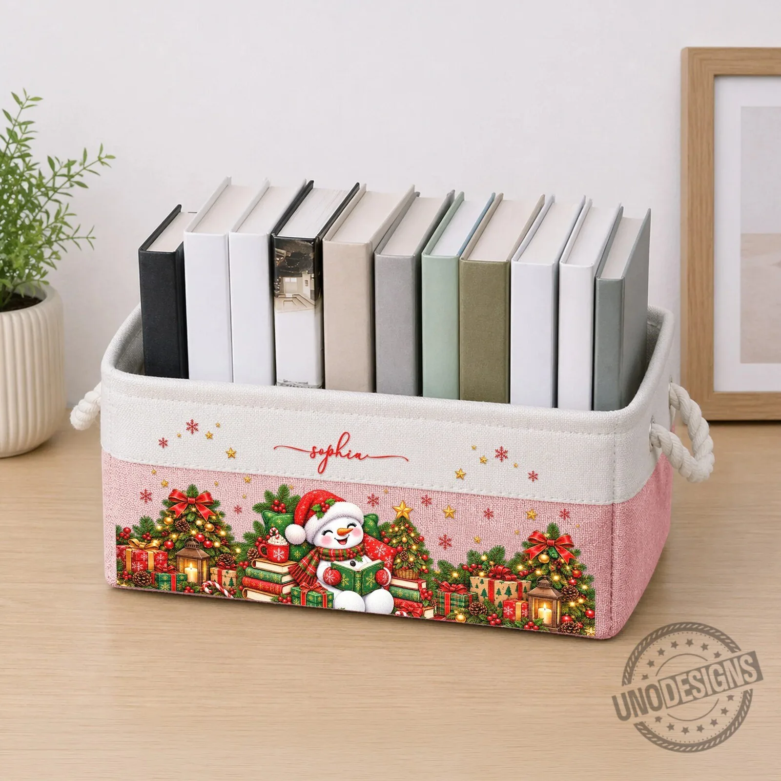 Personalized Christmas Snowman and Gingerbread Reading Book Storage Basket