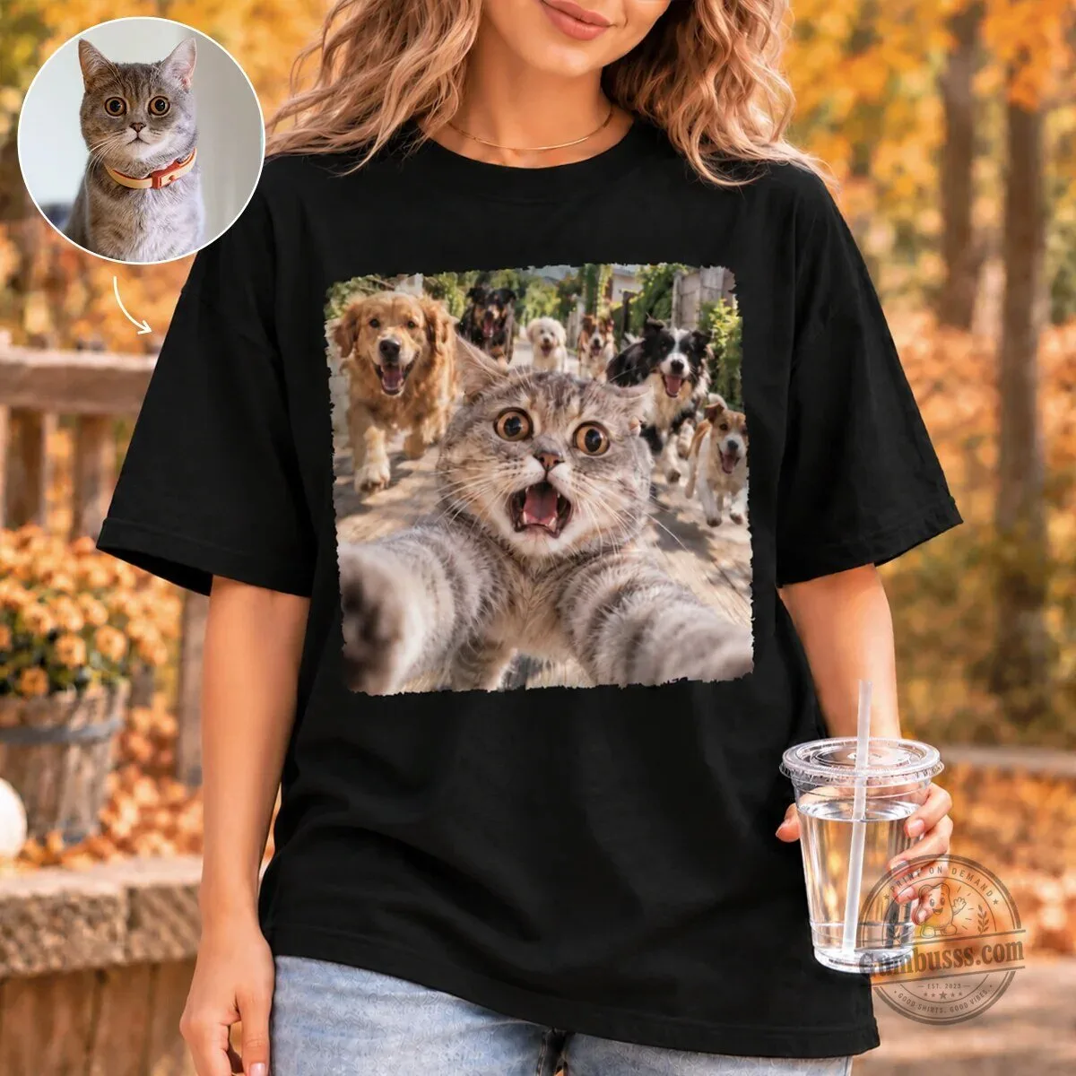 Funny Cat Selfie With Dogs Photo Personalized Pet Lover Black T-Shirt