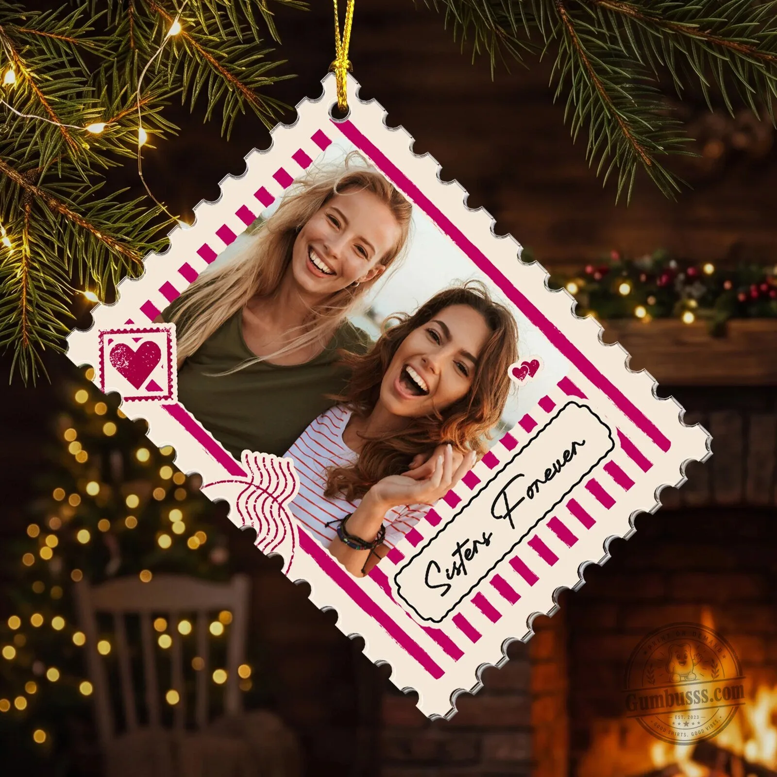 Sisters Forever Postage Stamp Photo Keepsake Christmas Tree Ornament 6 Sisters Forever Postage Stamp Photo Keepsake Christmas Tree Ornament