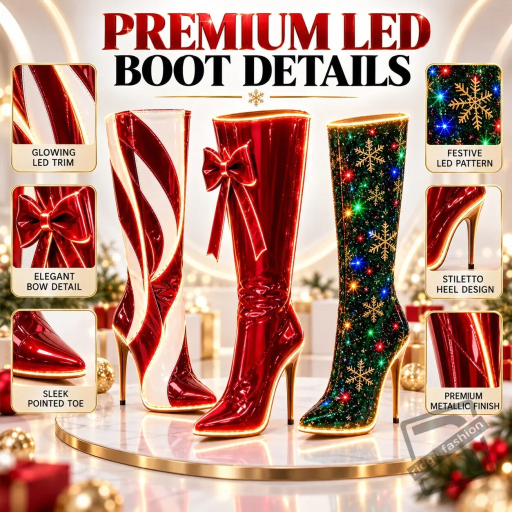 "Festive Footwear & Coffee Advent Gift: Perfect Holiday Celebration Essentials" 1 Custom Christmas Boots with LED Lights, Fashionable High-Heeled Party Shoes, Perfect for Bar Parties and Holiday Decorations.