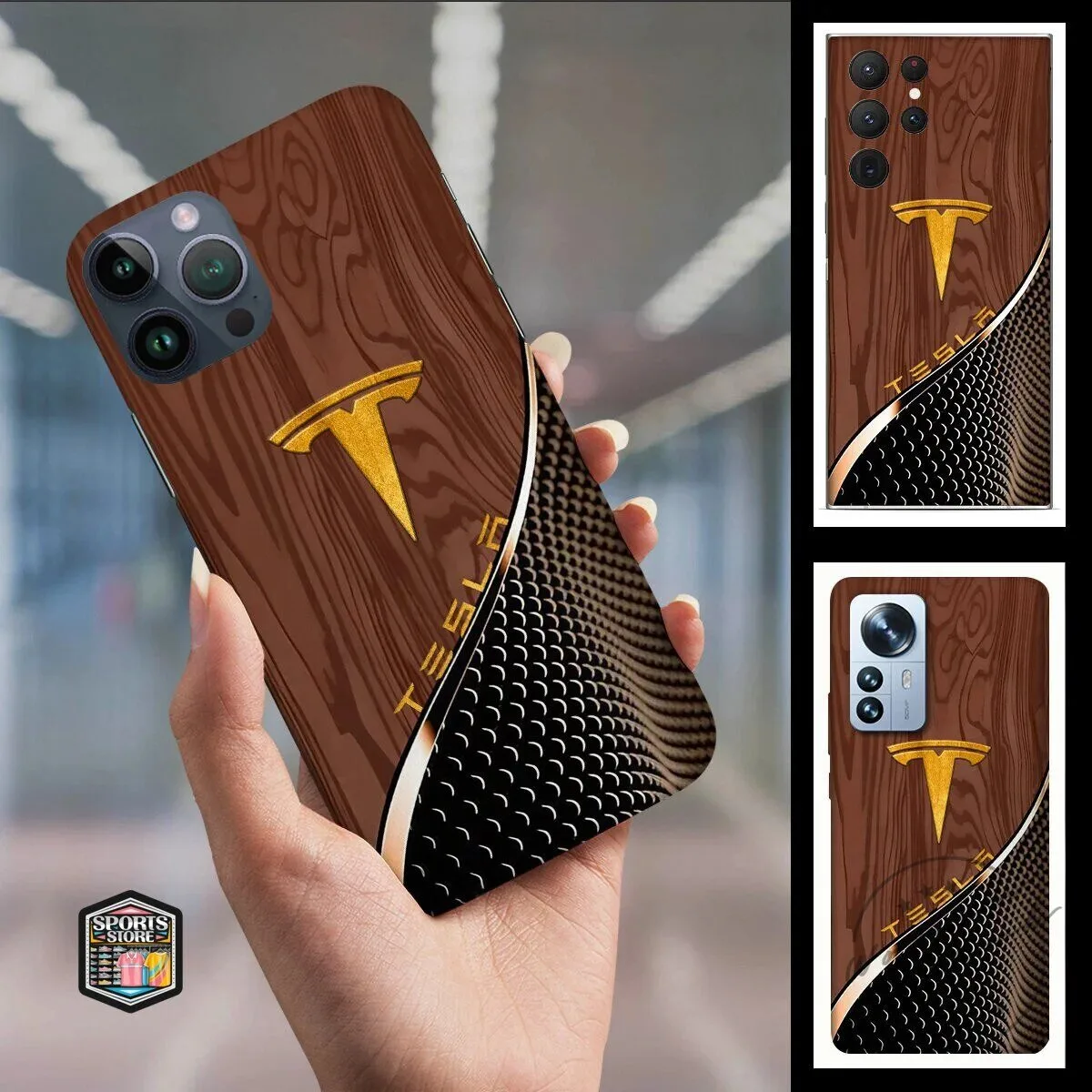 Tesla Motors Gold Logo Dark Wood Grain Pattern Protective Phone Case