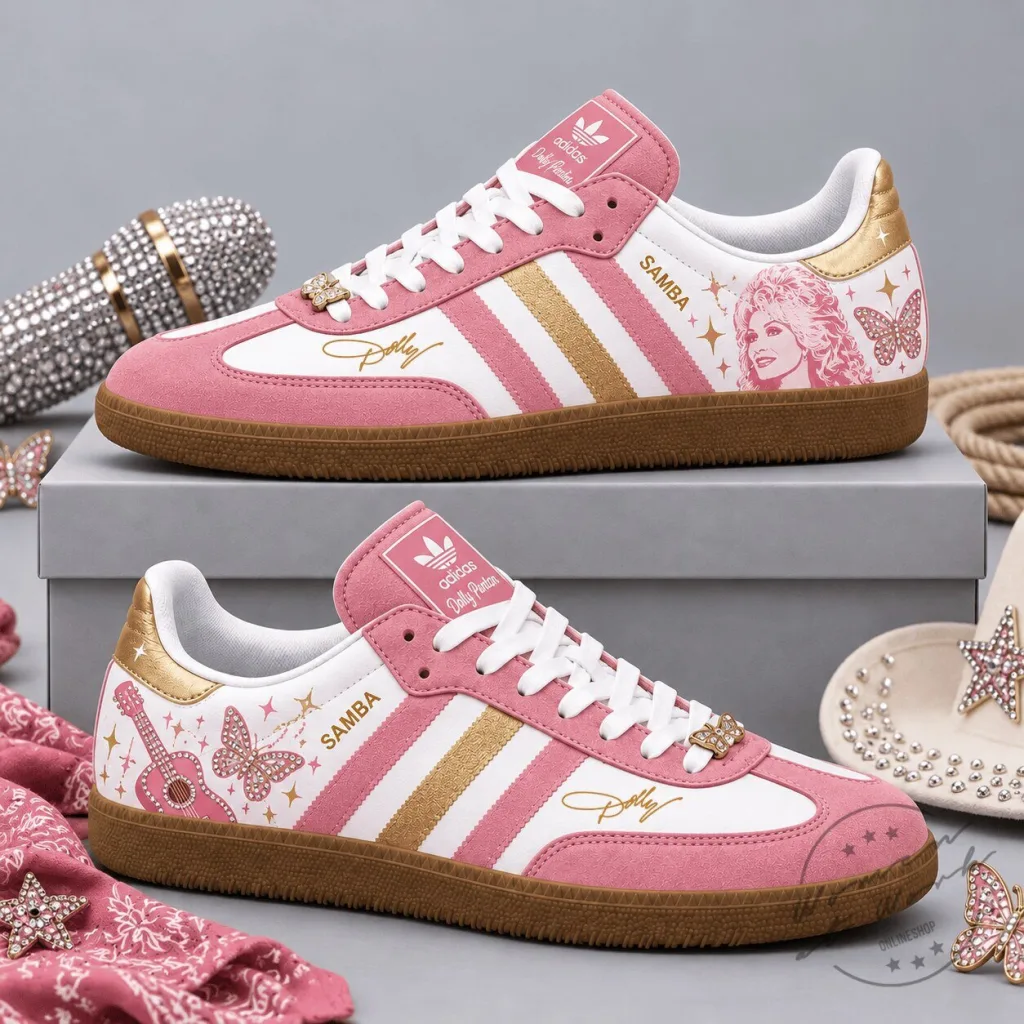 Dolly Parton Pink Gold Portrait Butterfly Guitar Adidas Samba Shoes Dolly Parton Pink Gold Portrait Butterfly Guitar Adidas Samba Shoes