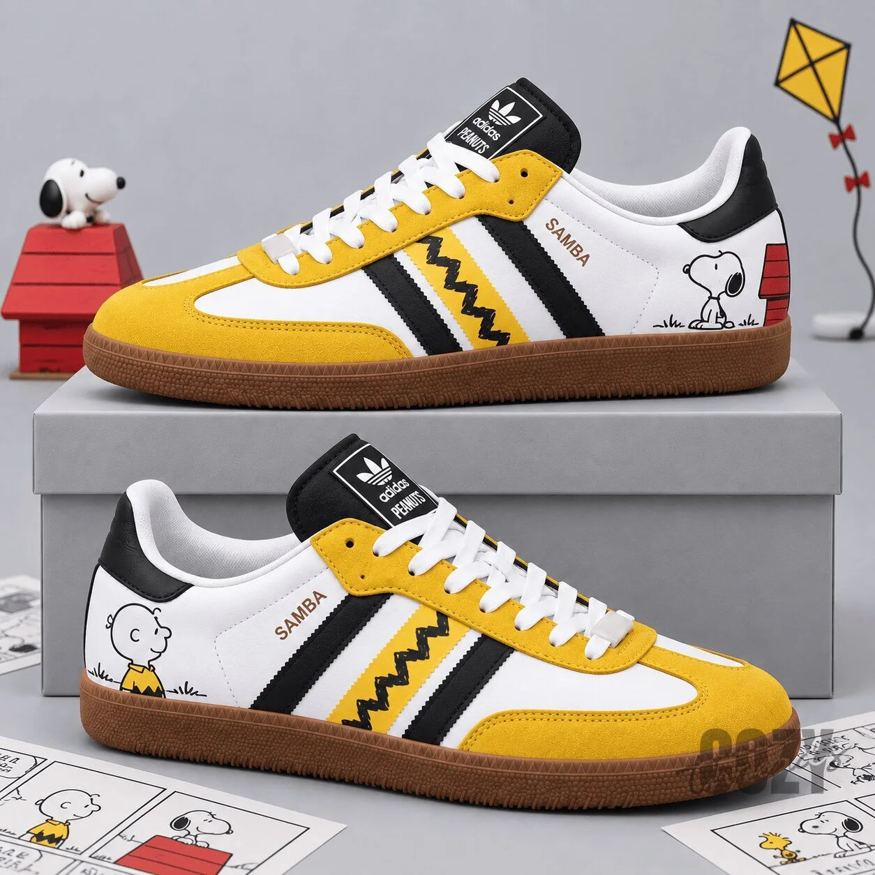 Peanuts Snoopy Charlie Brown Yellow Zigzag And Kite Adidas Samba OG Graphic Shoes