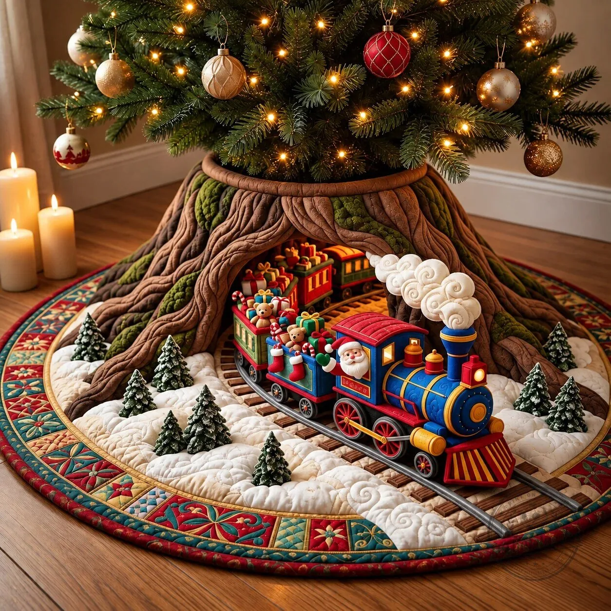 Christmas Santa Claus Train Tunnel Quilted Tree Skirt