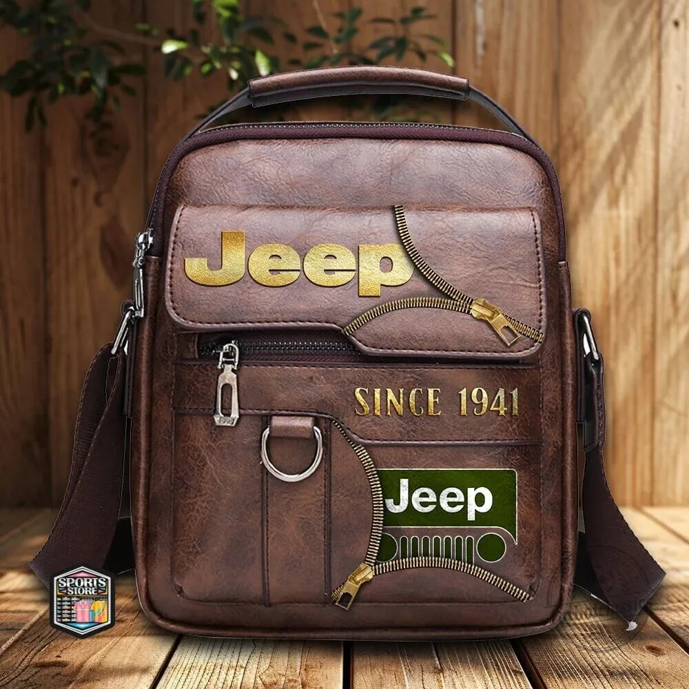 Jeep Since 1941 Gold Logo Brown Leather Crossbody Bag